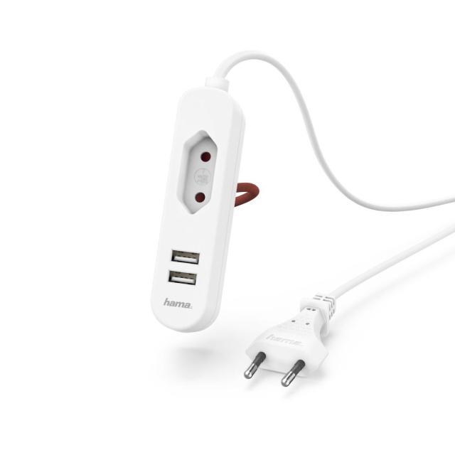 Разклонител HAMA 220V, 2 x USB, 2.4 A, Euro Socket, Бял