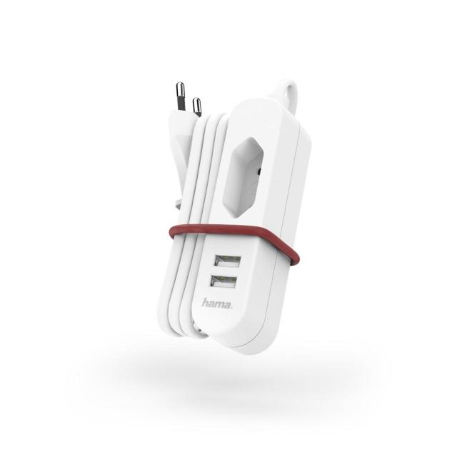 Разклонител HAMA 220V, 2 x USB, 2.4 A, Euro Socket, Бял