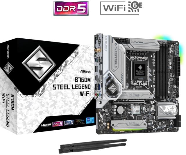 Дънна платка ASRock B760M Steel Legend WIFI, B760, LGA1700, DDR5, PCIe 5.0, 4x SATA3 6Gb/s, 3x M.2, 2x USB 3.2 Gen2 Type-C, HDMI, DP, mATX