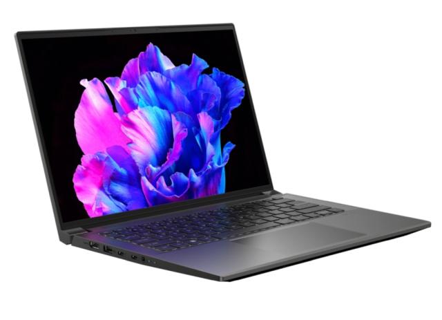 Лаптоп Acer Swift X, SFX14-71G-7591, (14-ядрен) Intel Core i7 13700H (up to 5.0GHz, 24MB), 14.5" WQXGA (2560 x 1600) IPS, 120Hz, SlimBezel, 16GB LPDDR5, 1024GB PCIe SSD, GeForce RTX 3050 6G-GDDR6, Micro SD, WIFI 6E BT 5.0, Backlit KB, FPR, Win 11 Pro