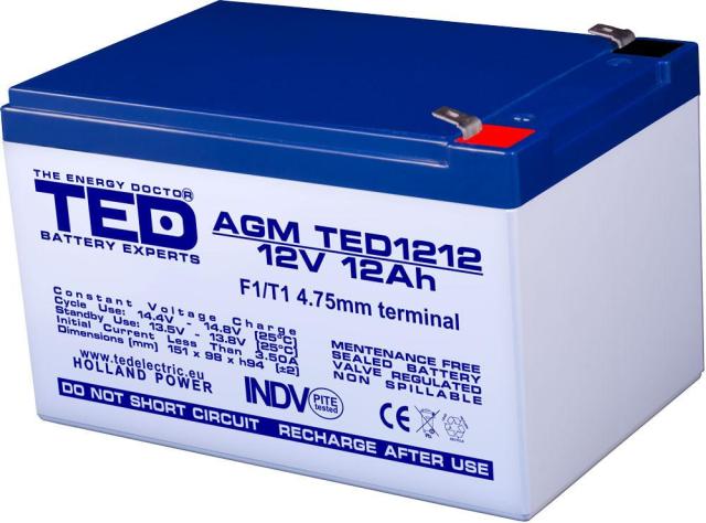 Оловна Батерия TED ELECTRIC, 12 V, 12 Ah, 152 / 98 / 96 mm, AGM