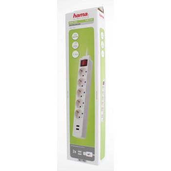 Разклонител  HAMA 5 гнезда, USB 3.4A, 1.4м, Бутон вкл/изкл, Защита срещу деца, Бял