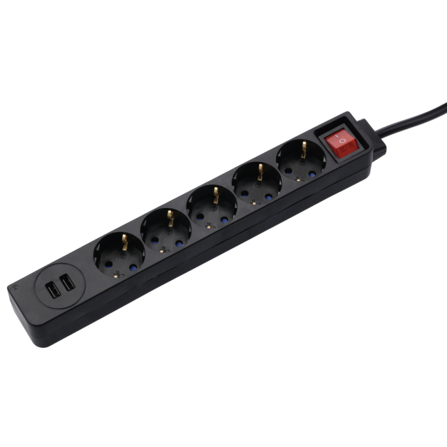 Разклонител HAMA 5 гнезда, USB 3.4A, 1.4м, Бутон вкл/изкл, Защита срещу деца, Черен
