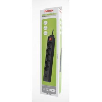 Разклонител HAMA 5 гнезда, USB 3.4A, 1.4м, Бутон вкл/изкл, Защита срещу деца, Черен