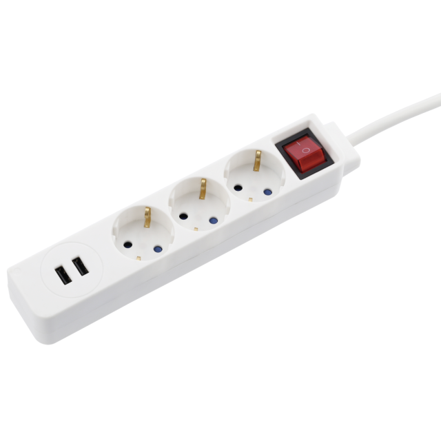Разклонител  HAMA USB 3.4A, 3 гнезда, 1.4м, Бутон вкл/изкл, Защита срещу деца, Бял