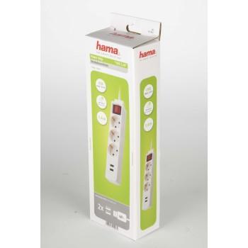 Разклонител  HAMA USB 3.4A, 3 гнезда, 1.4м, Бутон вкл/изкл, Защита срещу деца, Бял
