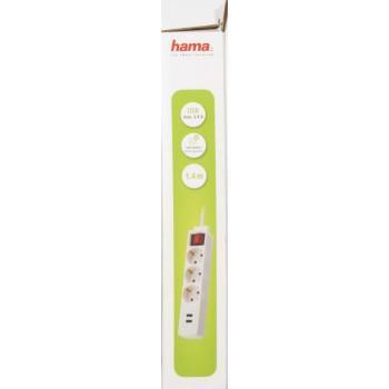 Разклонител  HAMA USB 3.4A, 3 гнезда, 1.4м, Бутон вкл/изкл, Защита срещу деца, Бял