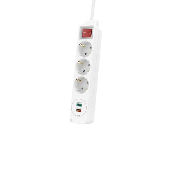 Разклонител  HAMA Power Strip, 3 гнезда, 1.4м, Бутон вкл/изкл, PD/Quick Charge, USB-C/USB-A, Бял