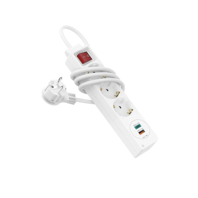 Разклонител  HAMA Power Strip, 3 гнезда, 1.4м, Бутон вкл/изкл, PD/Quick Charge, USB-C/USB-A, Бял