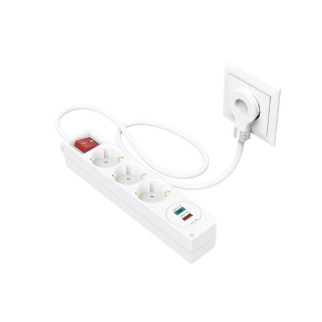 Разклонител  HAMA Power Strip, 3 гнезда, 1.4м, Бутон вкл/изкл, PD/Quick Charge, USB-C/USB-A, Бял