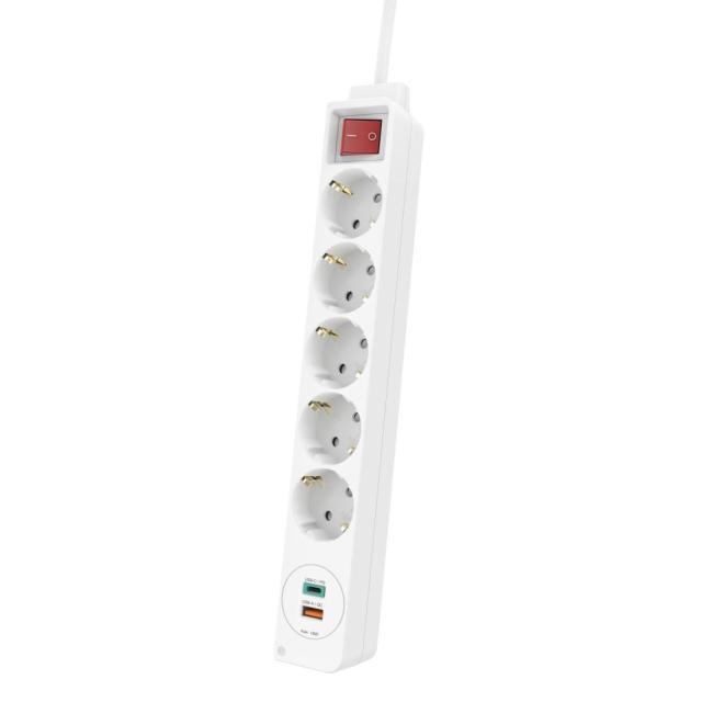 Разклонител  HAMA Power Strip, 5 гнезда, 1.4м, Бутон вкл/изкл, PD/Quick Charge, USB-C/USB-A, Бял