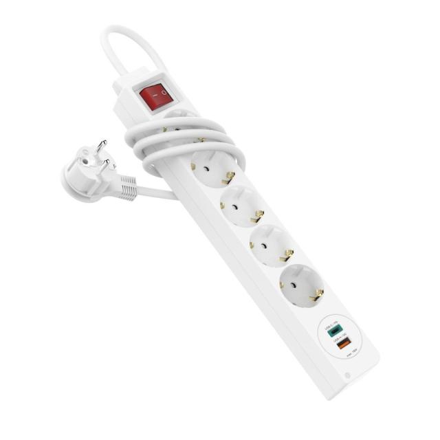 Разклонител  HAMA Power Strip, 5 гнезда, 1.4м, Бутон вкл/изкл, PD/Quick Charge, USB-C/USB-A, Бял