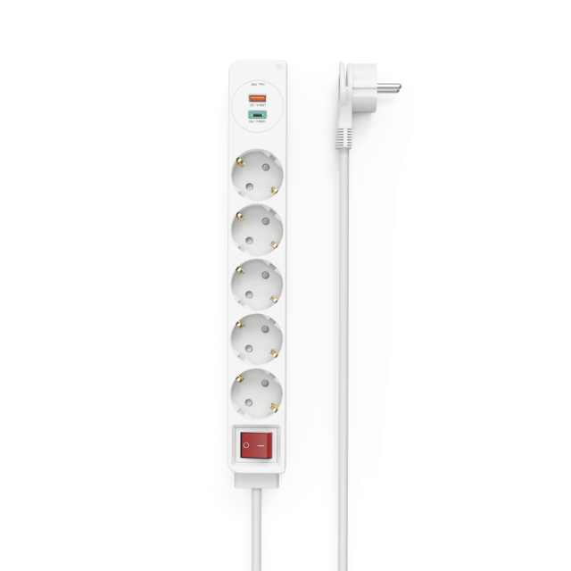 Разклонител  HAMA Power Strip, 5 гнезда, 1.4м, Бутон вкл/изкл, PD/Quick Charge, USB-C/USB-A, Бял
