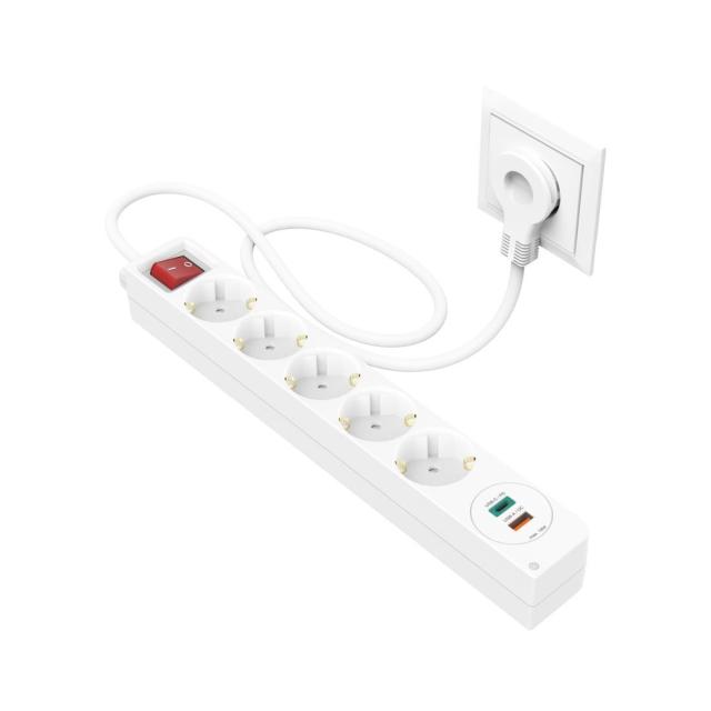 Разклонител  HAMA Power Strip, 5 гнезда, 1.4м, Бутон вкл/изкл, PD/Quick Charge, USB-C/USB-A, Бял