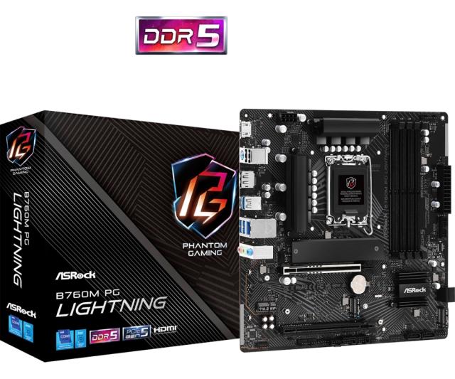 Дънна платка ASRock B760M PG Lightning, B760, LGA1700, 4x DDR5, 3x M.2, 4x SATA 6Gb/s, HDMI, DP, MicroATX