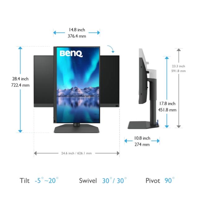 Монитор BenQ SW272Q 27" IPS, 2K, 2560x1440 2K, 300 cd/m2, Photographer Monitor, 100% sRGB, 99% Adobe RGB, 99% P, Hard.Calubrat., 1.07 billion colors, HDMI 2.0 x2, DP 1.4,USB-Type C x1 (90W PDelivery), USB 3.1 Hub, 16 bit 3D LUT, HDR10/HLG,HAdj. 140mm