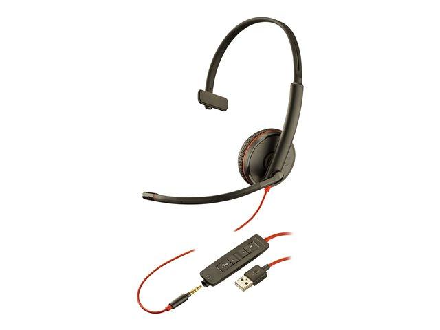 Слушалки POLY Blackwire C3215 (209746-201), моно слушалка, шумопотискащ микрофон, технология SoundGuard, USB Type-C, AUX, Черни