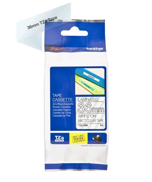 Консуматив Brother TZe-M65 Matt Laminated Labelling Tape Cassette – White On Clear, 36mm wide