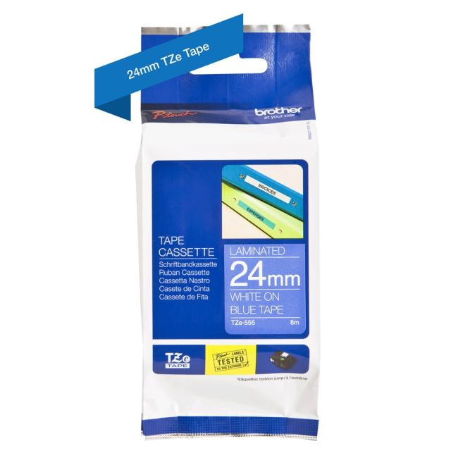 Консуматив Brother TZe-555 Labelling Tape Cassette – White On Blue, 24mm wide