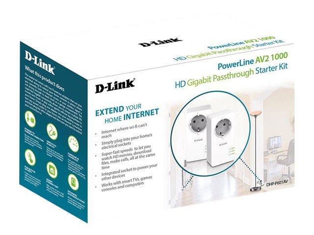 D-LINK PowerLine AV2 1000 HD Gigabit Passthrough Kit includes two DHP-P600AV PowerLine AV2 1000 HD Gigabit Passthrough adapters DHP-P601AV/E