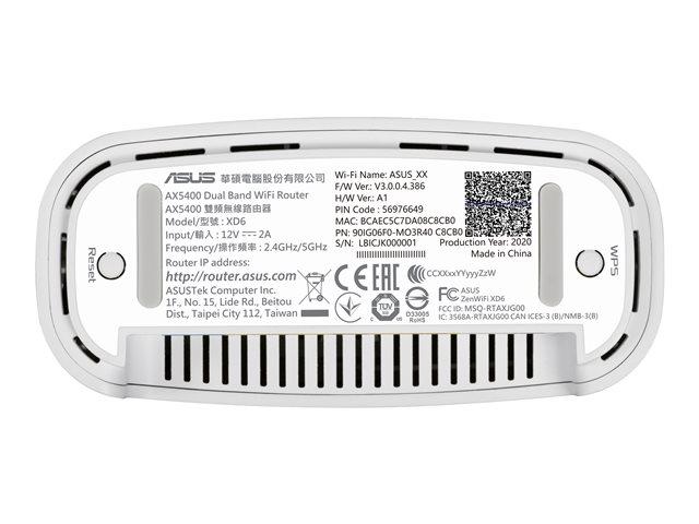 Мрежови комплект Asus ZenWiFi XD6 Dual-Band AiMesh WiFi 6 System (2 pack), 5400Mbs, 2.4GHz (574 Mbps)/ 5.0 GHz (4804 Mbps), 3x LAN 10/100/1000, 1x WAN 10/100/1000, 6 вътрешни антени