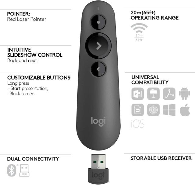 Лазерен безжичен презентер Logitech R500s, Bluetooth, 2.4 GHz Wireless, Черен