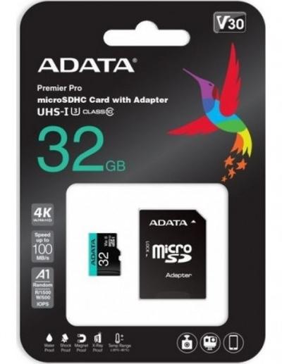 Карта памет Adata 32GB MicroSDHC UHS-I U3 V30S A2, с адаптер