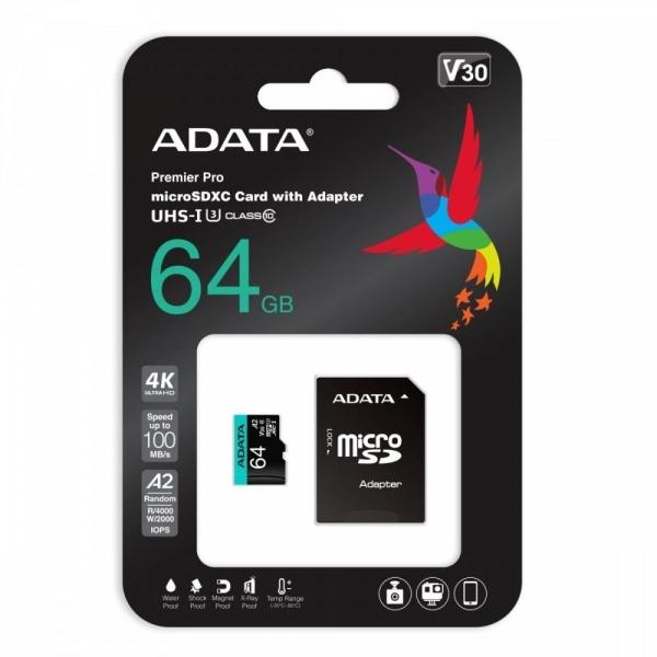 Карта памет Adata 64GB MicroSDXC UHS-I U3 V30S A2, с адаптер