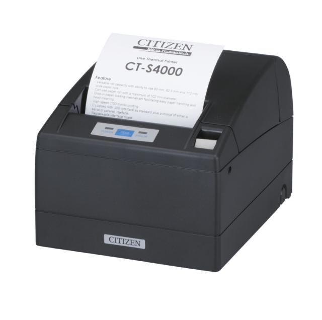 POS принтер Citizen POS printer CT-S4000 Direct thermal Print Speed 150mm/s, Print Widht 104mm/Media Width (min-max)80/82.5/112 or 112mm/Emul.Lang.ESC/POS/Media type Receipt paper/Reliability 100mln.pulses/100km/1mln.cuts/Resol.203dpi/Interface USB/E