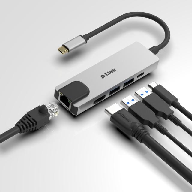 Мултипортов адаптер D-Link DUB-M520, 1x USB Type C(м) към HDMI(ж), 2x USB 3.0 Type-A(ж), 1x RJ-45(ж), 1x Thunderbolt 3
