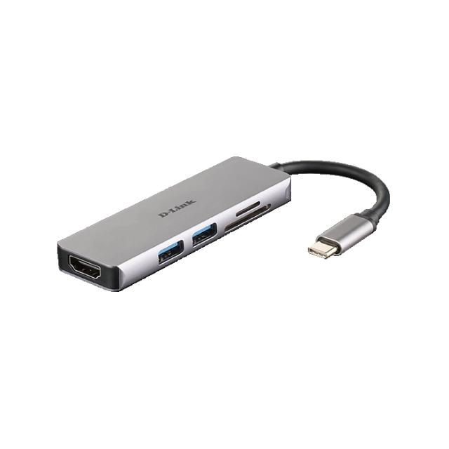 Мултипортов адаптер D-Link DUB-M530, 5 порта, 1x USB Type C, 3.0, HDMI, 2x USB 3.0, SD/Micro слот, Сив