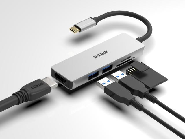 Мултипортов адаптер D-Link DUB-M530, 5 порта, 1x USB Type C, 3.0, HDMI, 2x USB 3.0, SD/Micro слот, Сив