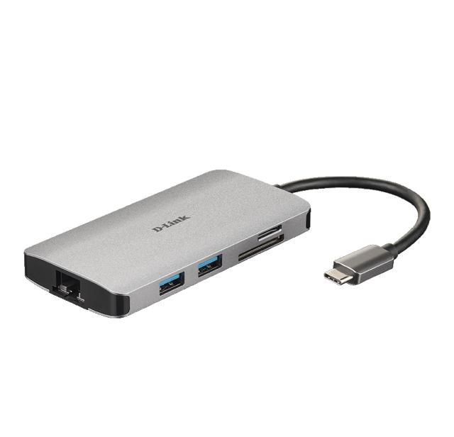 Мултипортов адаптер D-Link DUB-M810, 8 порта, 1x USB Type C(м) към HDMI(ж), 3x USB 3.0 Type-A(ж), 1x RJ-45(ж), 2x SD/microSD/SDHC/SDXC Card Reader, 1x Thunderbolt 3, Сив