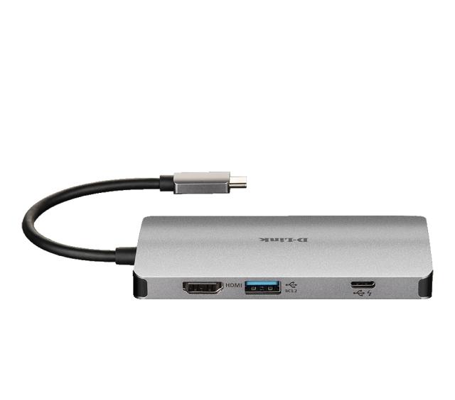 Мултипортов адаптер D-Link DUB-M810, 8 порта, 1x USB Type C(м) към HDMI(ж), 3x USB 3.0 Type-A(ж), 1x RJ-45(ж), 2x SD/microSD/SDHC/SDXC Card Reader, 1x Thunderbolt 3, Сив