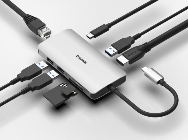Мултипортов адаптер D-Link DUB-M810, 8 порта, 1x USB Type C(м) към HDMI(ж), 3x USB 3.0 Type-A(ж), 1x RJ-45(ж), 2x SD/microSD/SDHC/SDXC Card Reader, 1x Thunderbolt 3, Сив