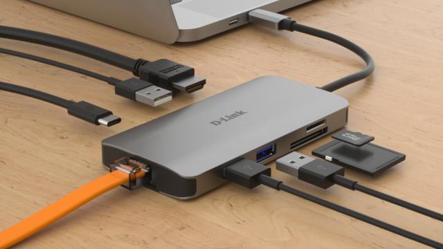 Мултипортов адаптер D-Link DUB-M810, 8 порта, 1x USB Type C(м) към HDMI(ж), 3x USB 3.0 Type-A(ж), 1x RJ-45(ж), 2x SD/microSD/SDHC/SDXC Card Reader, 1x Thunderbolt 3, Сив
