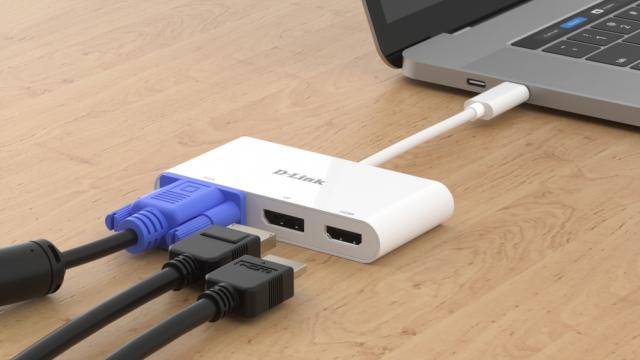 Мултипортов адаптер D-Link DUB-V310, 4 порта, от 1x USB Type C(м) към DisplayPort(ж), HDMI(ж), VGA (ж), Бял