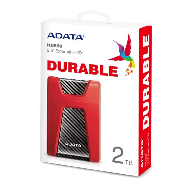 Твърд диск Adata 2TB , HD650 , USB 3.2 Gen 1, 2.5" Durable Lite - External Hard Drive Red