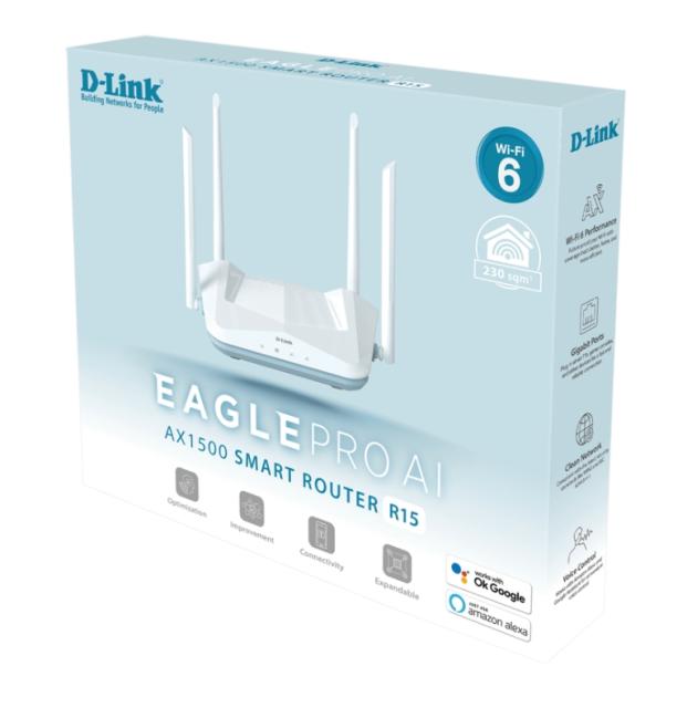 Рутер D-Link EAGLE PRO AI AX1500, 2.4GHz (300Mbps)/ 5 GHz (1201Mbps), Wireless AX,  LAN 3 x 10/100/1000Base-T, WLAN 1 x 10/100/1000Base-T