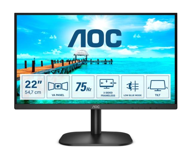 Монитор AOC 22B2DA, 21.5" VA WLED, 1920x1080@75Hz, 4ms GtG, 200cd/m2, 3000:1, DC20M:1, FlickerFree, Low Blue Light, 2Wx2, Tilt, D-SUB, DVI, HDMI, Black