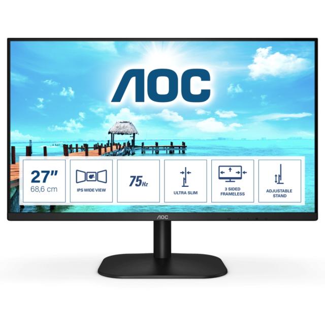 Монитор AOC 27B2H/EU, 27" IPS WLED, 1920x1080@75Hz, 4ms GTG, 250cd/m2, 1000:1, DC20M:1, FlickerFree, Low Blue Light, Tilt, D-SUB, HDMI