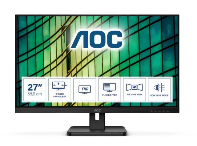 Монитор AOC 27E2QAE, 27" (68.58 cm) WLED IPS FHD, 75Hz, 4ms GTG, 250cd/m2, 20000000 :1, VGA, HDMI, DP