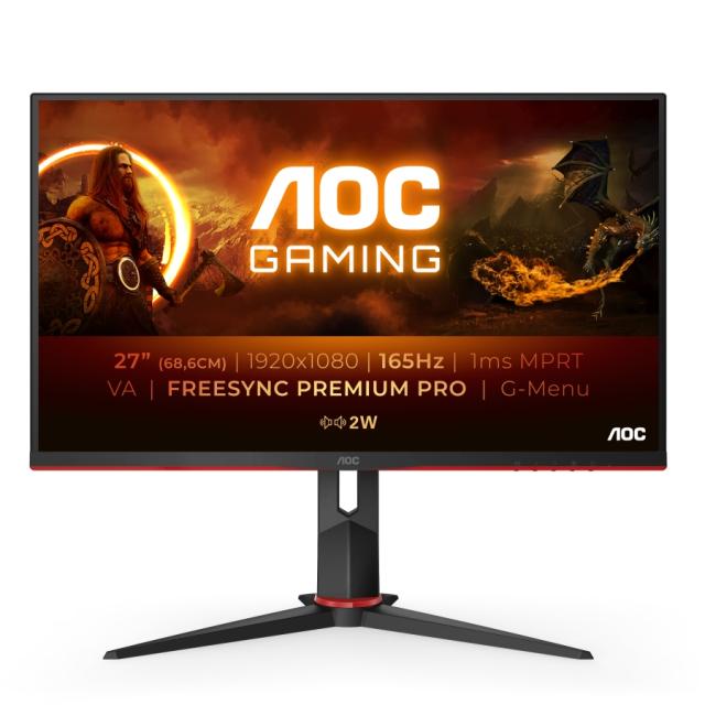 Монитор AOC 27G2SAE/BK, 27" VA WLED, 1920x1080@165Hz, 4ms GtG, 1ms MPRT, 250cd/m2, 3000:1, DCR 80M:1, FreeSync Premium, FlickerFree, Low Blue Light, 2Wx2, Tilt, D-SUB, 2xHDMI, DP