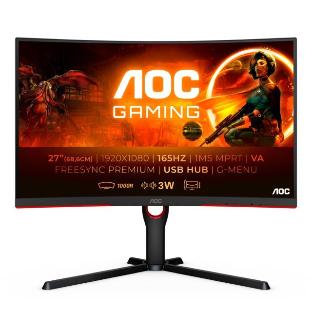 Монитор AOC C27G3U/BK, 27" Curved 1000R WLED VA 1920x1080@165Hz, 4ms GTG, 300cd/m2, 3000:1, 80M:1 DCR, FreeSync Premium, Low Blue Light, Tilt, Height Adjust, Swivel, D-SUB, HDMI, DP, USB, Speakers, Black/Red