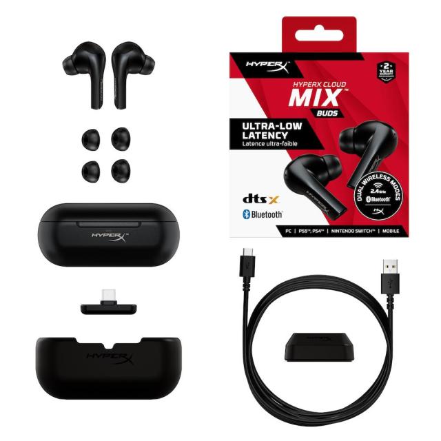 Геймърски слушалки HyperX Cloud MIX Buds Black True, безжични Bluetooth/Wireless (Е4P5D9AA) тип "тапи" с микрофон, Черни 