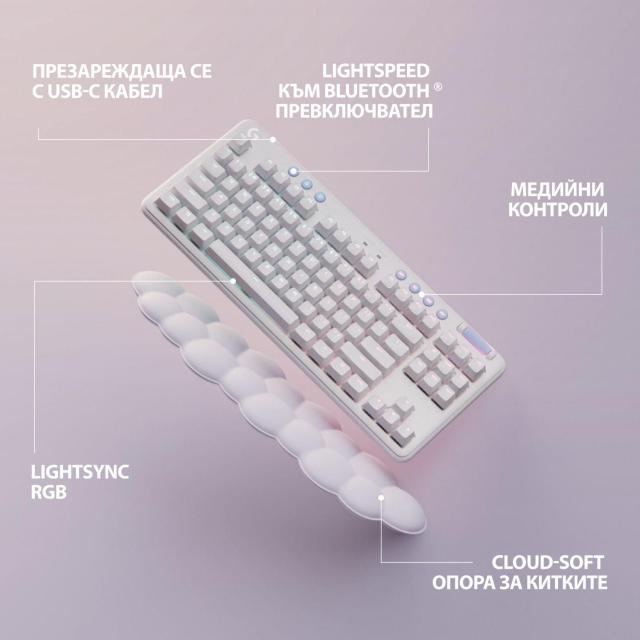 Безжична геймърска механична клавиатура Logitech G G715, TKL, Linear, RGB LED, US Layout, бяла