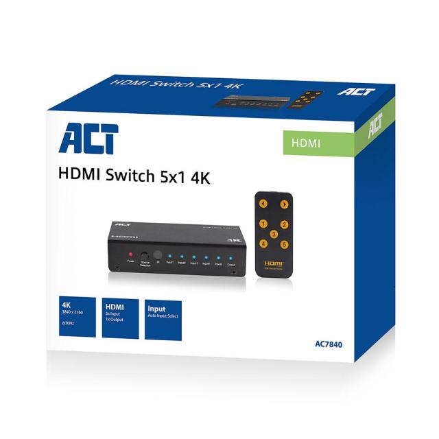 HDMI суич ACT AC7840, 5/1, 3Д, 4K@30Hz, Черен