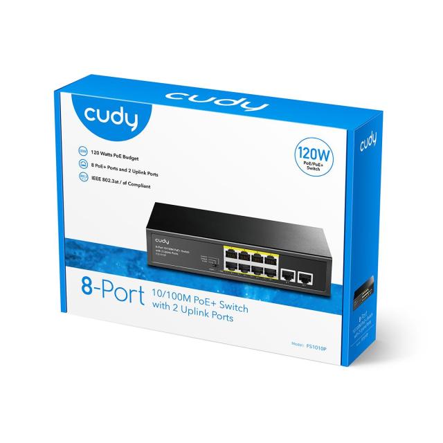 Суич Cudy FS1010P, 8 портов, 10/100, PoE+ Switch 150W, 2 x Uplink порта