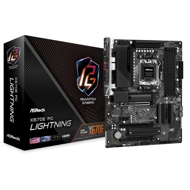 Дънна платка ASRock X670E PG LIGHTNING, X670E, AM5, DDR5, PCI-E 5.0 (DP&HDMI)(CF), 4x SATA 6Gb/s, 3x M.2 slot, 2x USB 3.2 Gen1, ATX