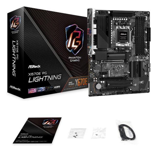 Дънна платка ASRock X670E PG LIGHTNING, X670E, AM5, DDR5, PCI-E 5.0 (DP&HDMI)(CF), 4x SATA 6Gb/s, 3x M.2 slot, 2x USB 3.2 Gen1, ATX